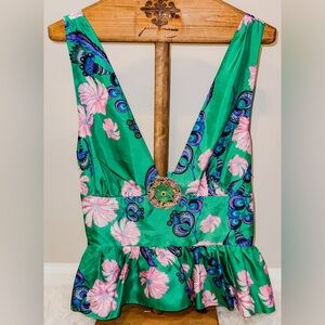 Cynthia Rowley Emerald Green Floral 100% Silk Peplum Top Size 8 NEW WITH TAGS